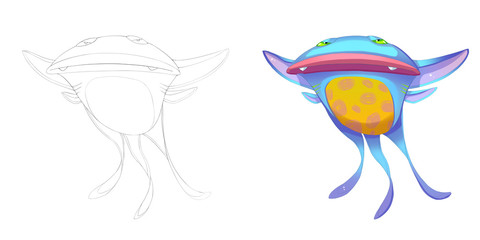 Coloring Book and Monster Creature Character Design Set 28: Devil Cat Fish Marine Bat Creature isolated on White Background Realistic Fantastic Cartoon Style Character Story Card Sticker Design