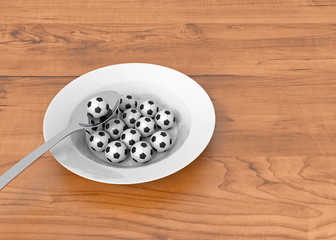 Soccer food - balls on a deep plate on wood, 3d illustration