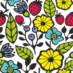 Bright seamless pattern with flowers and plants.