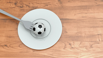 Soccer as food: football, fork and plate on a wooden table, 3d illustration