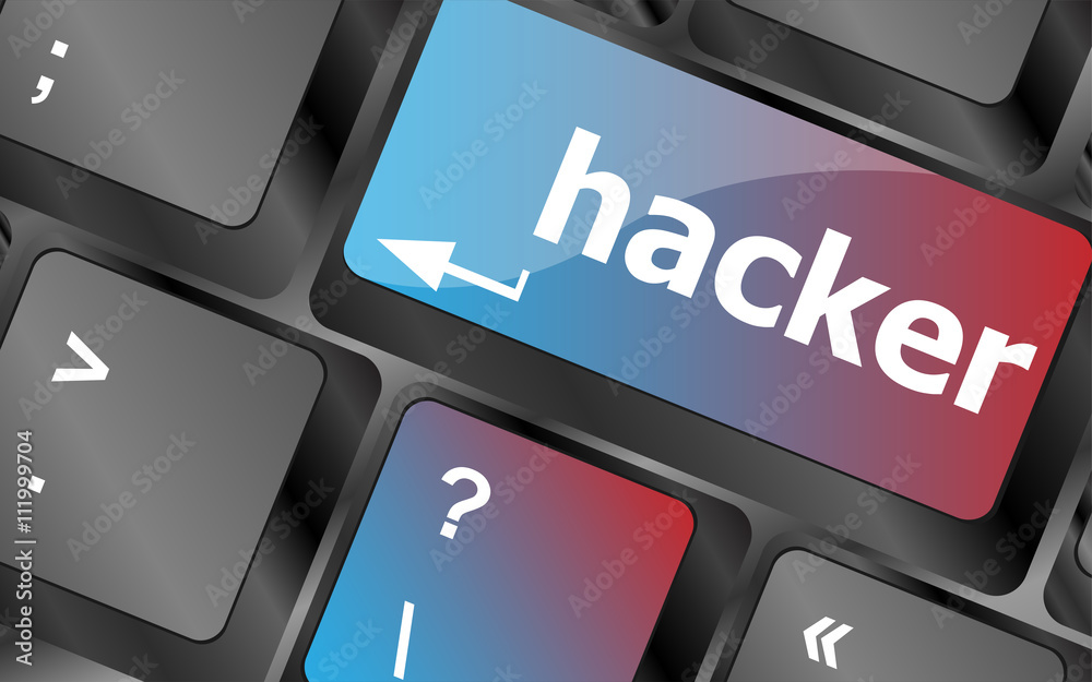 Poster hacker word on keyboard, attack, internet terrorism concept vector keyboard key. keyboard button. ve