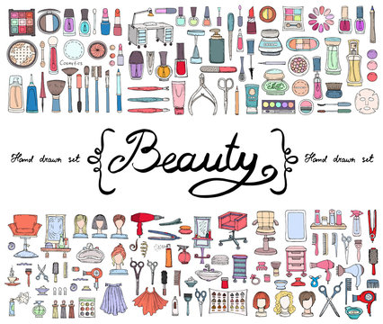 Vector set with hand drawn colored doodles of cosmetics and symbols of beauty. Sketches for use in design