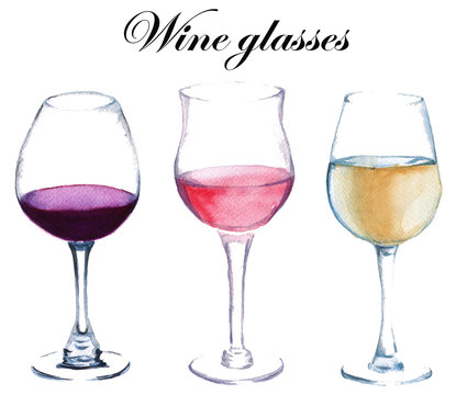 Three glasses of wine. isolated. watercolor illustration.