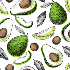 Vector hand drawn green avocado seamless pattern.
