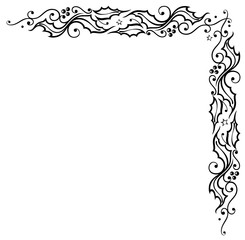 Weihnachtszeit. Stechpalmen Dekoration. Verschnörkelte filigrane Eckverzierung mit floralen Ranken und Blüten.