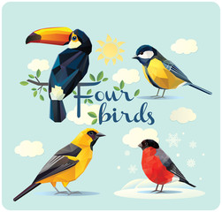 Illustration of four birds: the toucan, oriole, bullfinch, and tit. Design elements, illustration of the simplified polygonal illustration. A set of four birds.