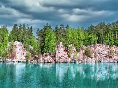 National Park of Adrspach-Teplice rocks. Rock Town. Piskovna lake. Czech Republic.