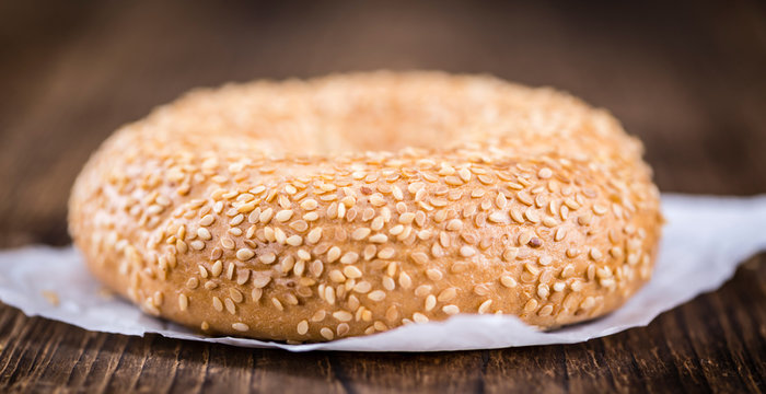 Fresh Bagels with Sesame (close-up shot; selective focus)