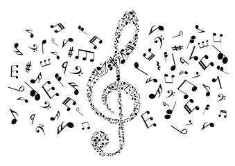 Musical notes and symbols in shape of treble clef