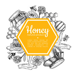 Vector hand drawn honey frame. Detailed engraved honey illustrat