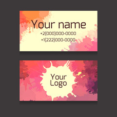 Set of double-sided business card with space for your text and logo with colorful watercolor splashes for artists and creative people and your business