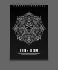 Template black notebook on springs with freehand mandala and place for text. Vector element for your design
