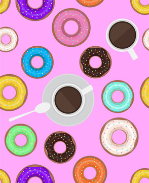 Seamless pattern with donuts and cups of coffee. Vector background for cards, scrapbooking, cards and your creativity