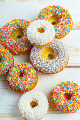 Donut. Sweet icing sugar food. Dessert colorful snack.
