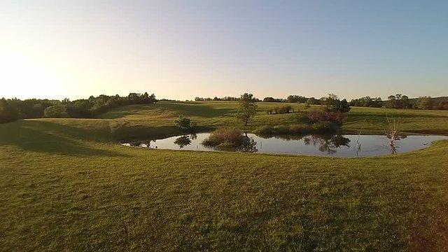 Video copter flight at sunset