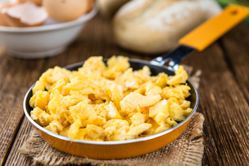 Pan with scrambled Eggs (selective focus)