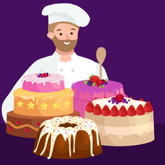 Confectioner cook chef cartoon character with cake. Vector illustrations set