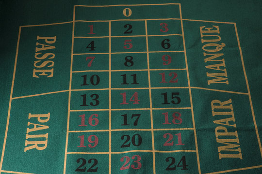 Tappeto da roulette verde con dettagli scritte e numeri. 