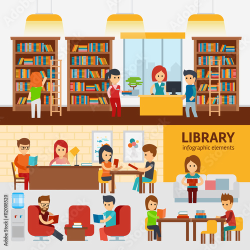 "Library interior with people, reading books infographic elements