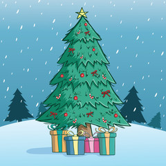 Cute Christmas Tree With Decoration And Snow Background Also Text