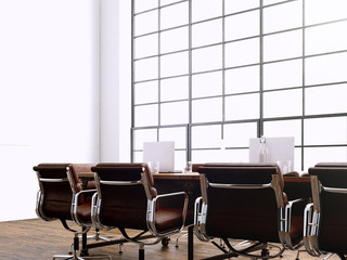 Picture modern meeting room with panoramic windows.Generics computers generic design furniture in contemporary conference hall.Open space for sign business contracts.Horizontal. 3D rendering