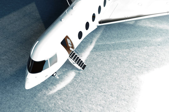 Photo of White Glossy Luxury Generic Design Private Jet parking in hangar airport. Concrete floor. Business Travel Picture. Horizontal, top angle view pilot cabine. Film Effect. 3D rendering.