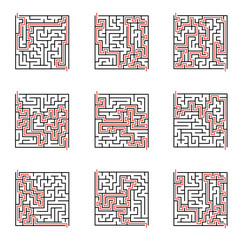 Fototapeta premium Vector maze set, labyrinth illustration with solution.
