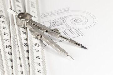 drawings of architectural details & folding ruler, compass