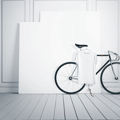 Photo White Room Interior Modern Studio House with Classic bicycle.Empty Canvas on Wood Floor.Blank Tshirt hanging Bike. Square mockup.