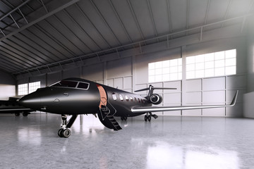 Photo of Black Matte Luxury Generic Design Private Jet parking in hangar airport. Concrete floor. Business Travel Picture. Horizontal, front angle view. Film Effect. 3D rendering.