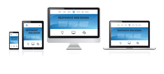 responsive design auf laptop, computer monitor, tablet und smartphone