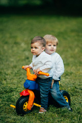 Two brothers ride a bicycle on the grass in park