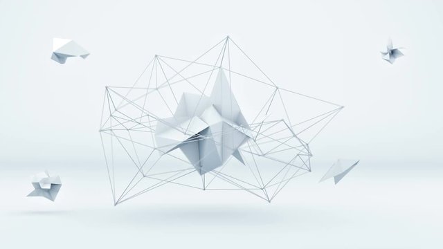 Futuristic polygonal shape in white studio. Abstract low poly construction. Semless loop 3D render smooth animation with motion blur. 4k UHD (3840x2160)
