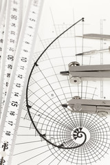 drawing of the golden section, folding ruler & compasses