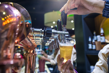 Fototapeta na wymiar Barman brewing a beer tap pouring a draft beer 