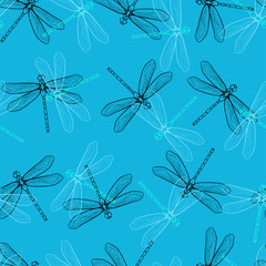 Hand drawn stylized dragonflies seamless pattern