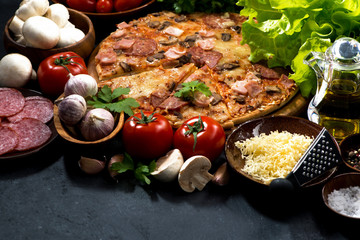 pizza with sausage and cheese and ingredients 