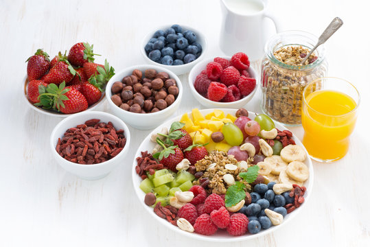products for a healthy breakfast - berries, fruit and cereal 