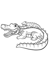 Coloring pages. Animals. Mother alligator with her little cute baby alligator.