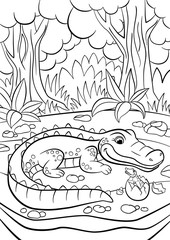 Obraz premium Coloring pages. Animals. Mother alligator looks at her little cute baby alligator in the egg.