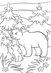 Coloring pages. Wild animals. Kind bear and little cute baby bear look at the raspberry.