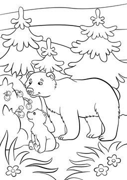 Coloring pages. Wild animals. Kind bear and little cute baby bear look at the raspberry.