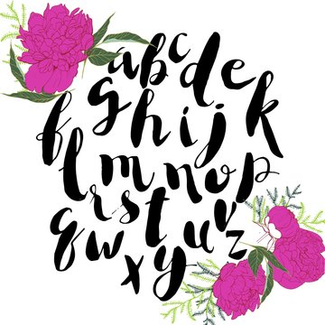 Vectoe handwritten ink font. Bold letters in trendy brush style. Black lowercase alphabeth decorated with peony flowers.