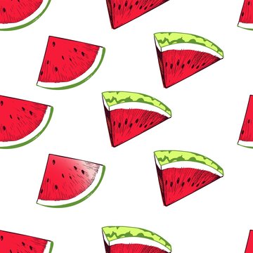 Vector seamless pattern of repeating watermelon slices. Hand drawn color fruit triangle parts. Fresh suumer food pattern.