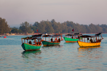 Sea view with khmer boats, beach of Sihanoukville. Cambodia