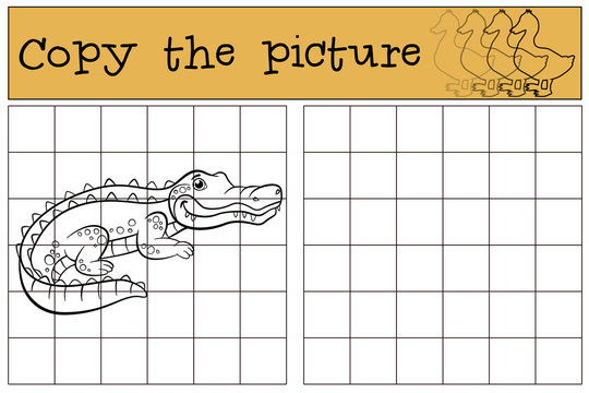 Children games: Copy the picture. Little cute alligator.