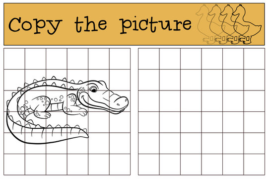 Children games: Copy the picture. Little cute alligator.