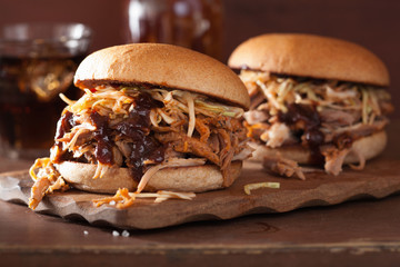homemade pulled pork burger with coleslaw and bbq sauce © Olga Miltsova
