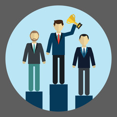 Abstract Businessman celebrates on Winning Podium. Great illustration of Retro styled Businessman proudly standing on the winners podium next to his rivals with his trophy.