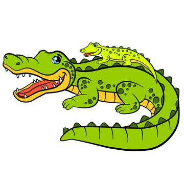 Cartoon animals for kids. Mother alligator with her little cute baby alligator.